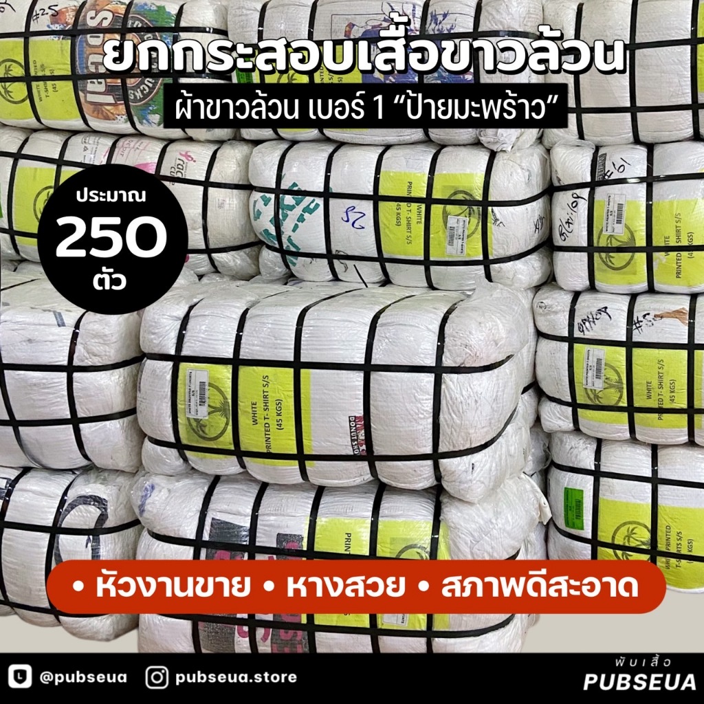 ยกกระสอบ เสื้อยืด USA กระสอบขาวล้วน [เบอร์ 1+2] “ป้ายมะพร้าว” (เสื้อ 250+ ตัว)