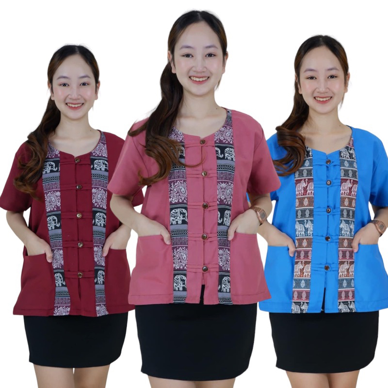 เสื้อผ้าฝ้ายแต่ลายช้างสองเส้น 5 กระดุมแหวกหน้า