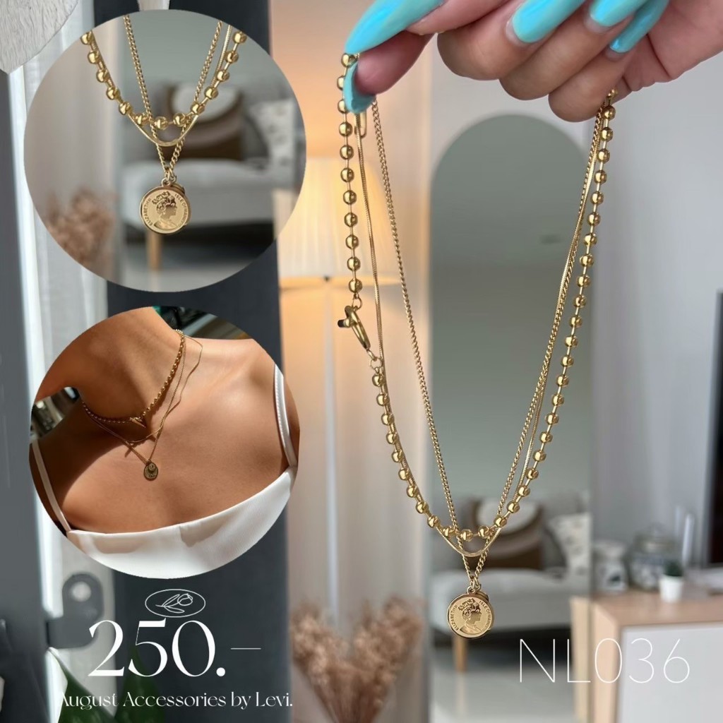 NL036 สร้อย Queen  3 เลเยอร์ไม่ลอกไม่ดำ เครื่องประดับสแตนเลส สร้อยสายฝอ สร้อยคอ