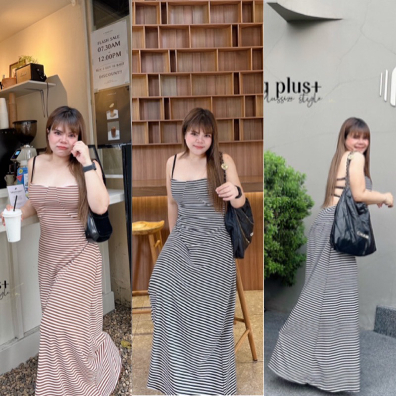 ชุดเดรสยาวสายเดี่ยวทรงสวย ผ้าลายริ้วนำเข้าเนื้อนิ่ม เปิดหลังความแซ่บๆ ไซส์ใหญ่ LD