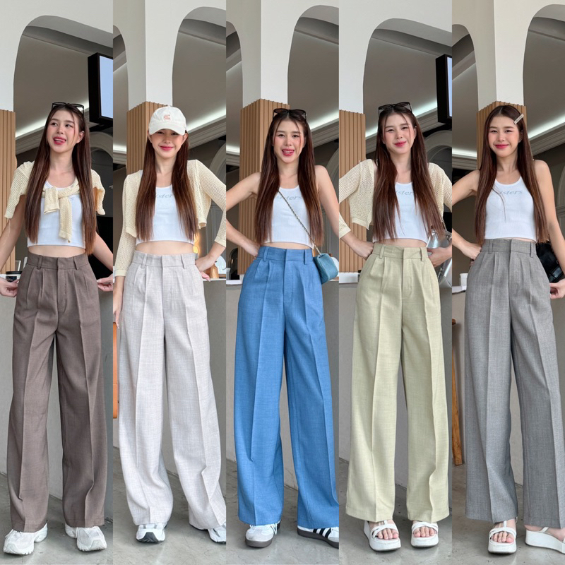 BEMYCHIC กางเกงขายาวผ้าโซดาทรงกระบอกใหญ่ กางเกงขายาวเอวสูงผู้หญิงงานตะขอ ใส่ทำงาน รุ่น classic pants