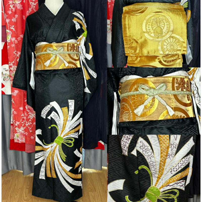 พร้อมส่ง set Kimono กิโมโน สีดำ มือสองของแท้จากญี่ปุ่น