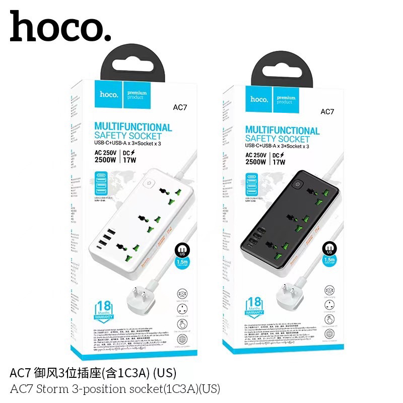 【ของแท้100% 】Hoco AC7 Multifunctional safety socket USB-C+USB-A x 3+Socket x 3 สินค้ามีคุณภาพ หลายช่องการใช้งาน พร้อมส่ง