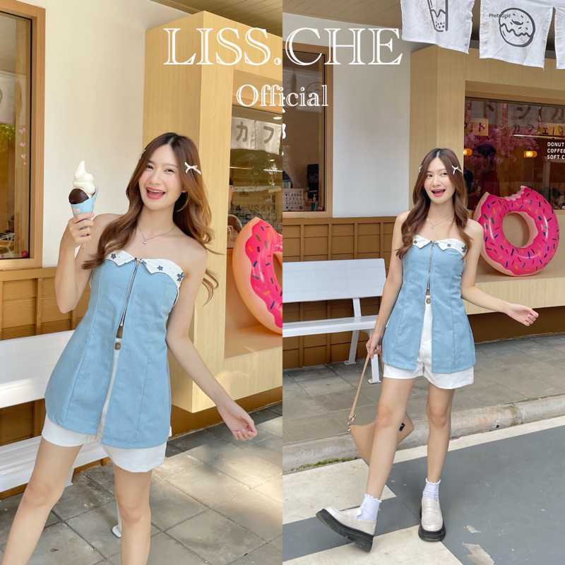 พร้อมส่ง เสื้อเกาะอกยีนส์ ขอบอกยีนส์ดอกไม้ ซิปหน้า ใส่แล้วผอมเพรียวสูง