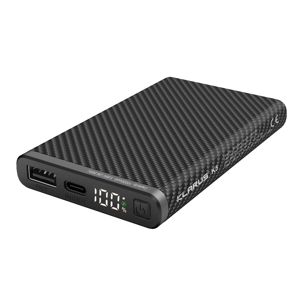 Klarus K5 พาวเวอร์แบงค์ 10000mAH น้ำหนักเบาพิเศษเพียง 157 กรัม วัสดุคาร์บอนไฟเบอร์แท้ กันฝน