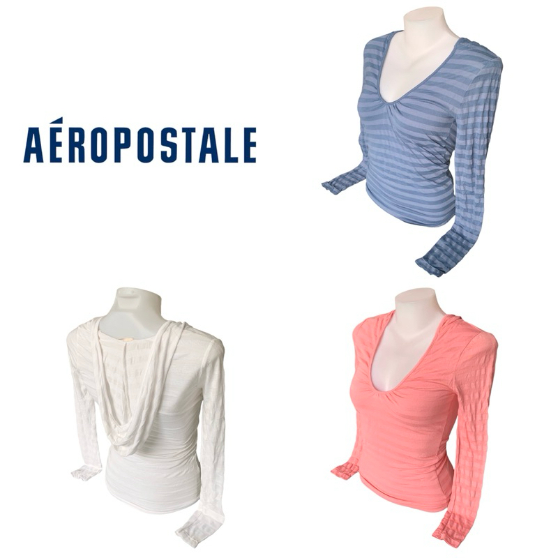 Aeropostale เสื้อแขนยาว ฮู้ด xx77-B รัดรูป ผ้าบาง ลายขวาง Sale