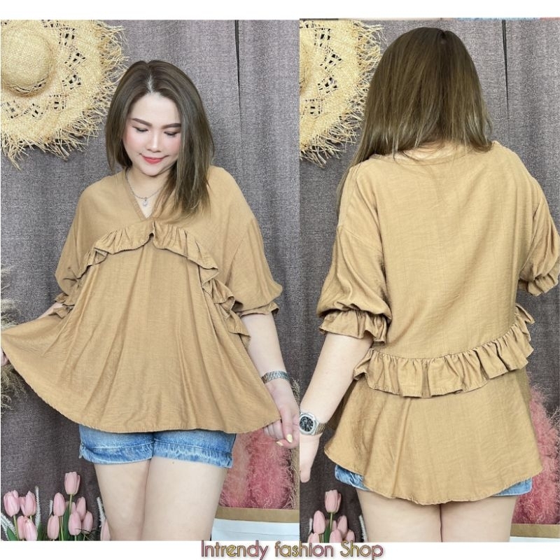 พร้อมส่ง.เสื้อคอวีแขนตุ๊กตา แต่งระบายสาวอวบ Free size:32 - 46 นิ้ว.เป็นผ้าลินิน