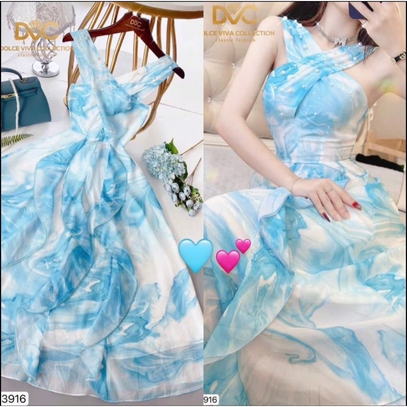 ชุดเดรสคอไขว้ลายฟ้าขาวสวยน่ารัก