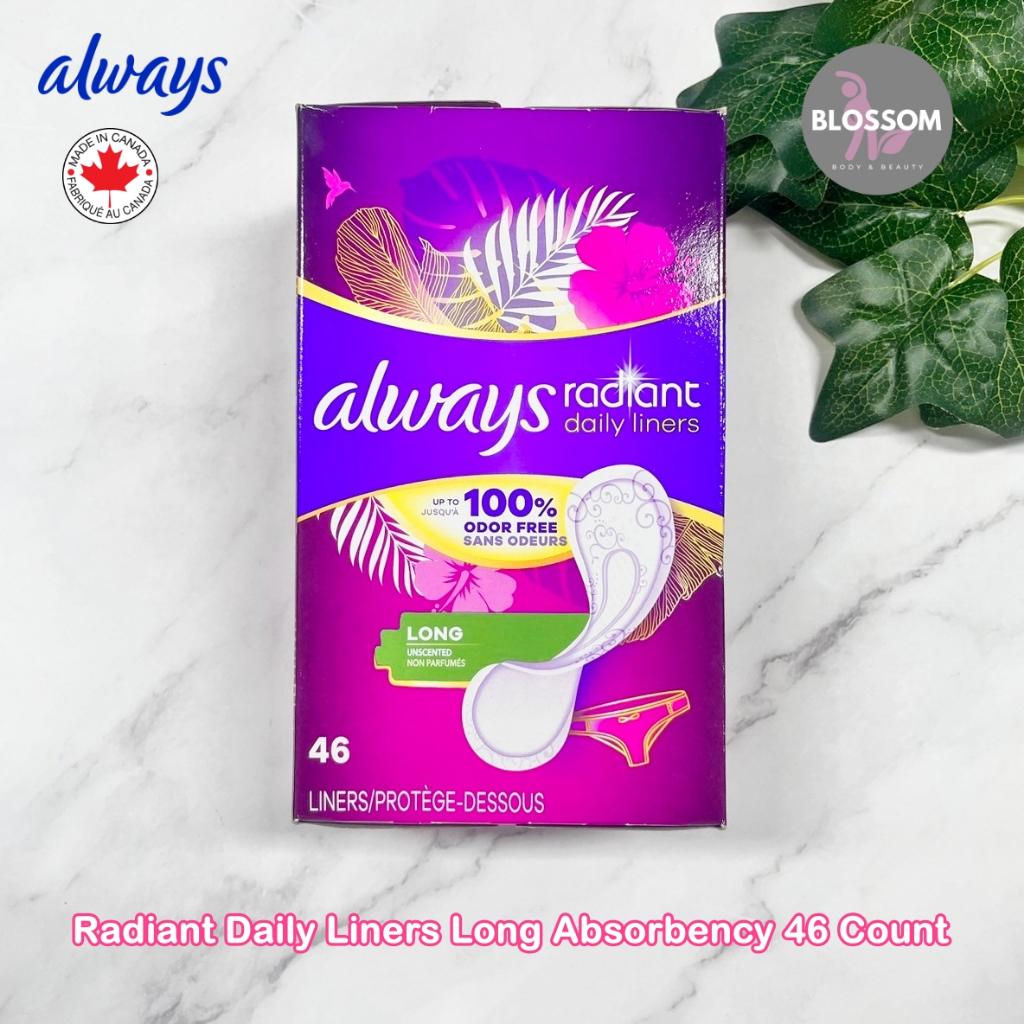 Always - Radiant Daily Liners Long Absorbency 46 Count แผ่นอนามัย ผ้าอนามัย ไม่มีปีก ปราศจากน้ำหอม