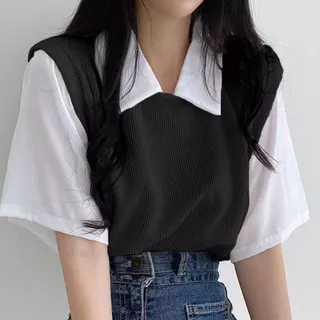 จัดส่งภายในประเทศไทย เสื้อยืดแขนสามส่วนคอปก ผ้าร่องบาง Y50