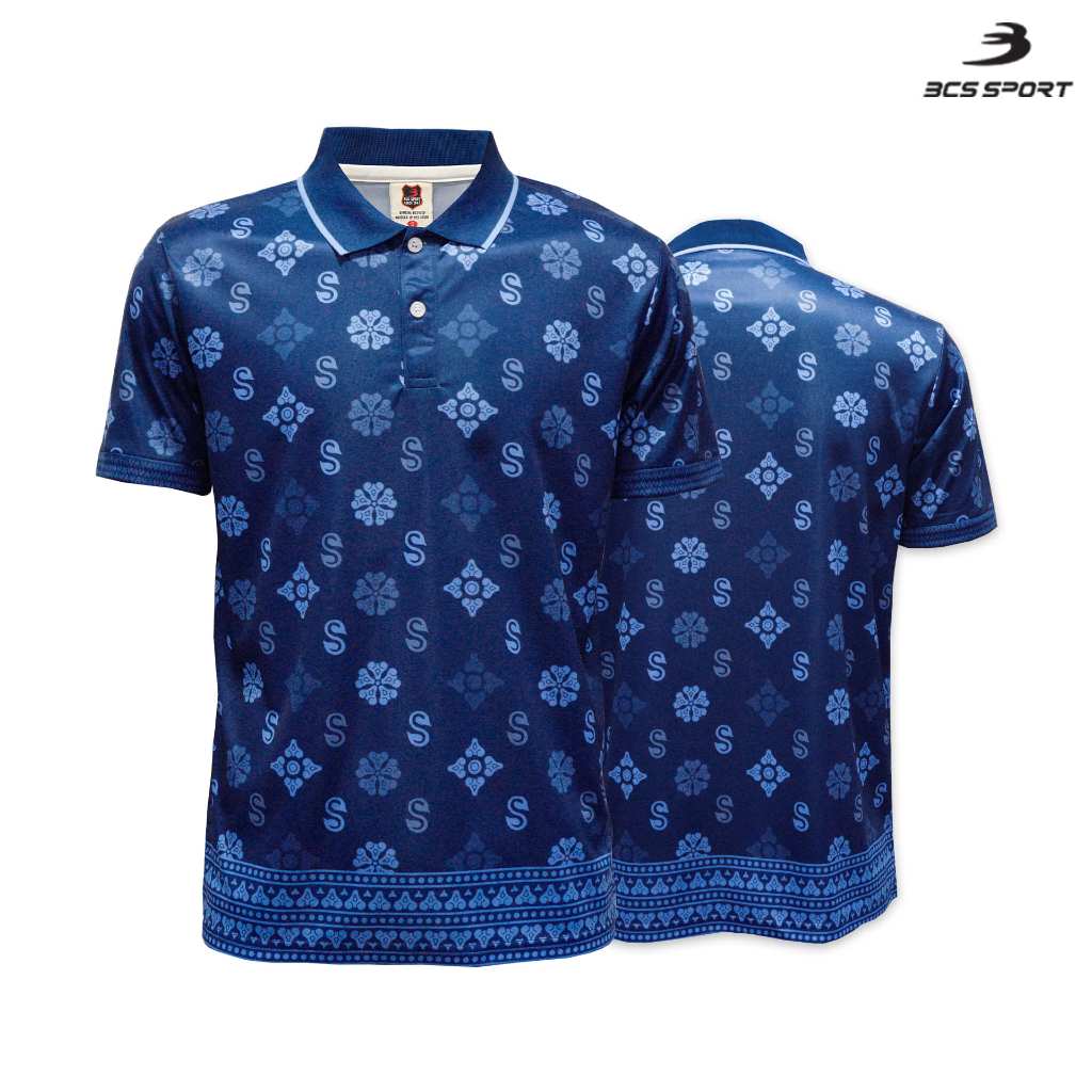 BCS SPORT เสื้อโปโลลายดอกรักราชกัญญา สีกรม ปกทอสปอร์ต UNISEX (มีไซส์ SS-8L) เนื้อผ้า MICRO PLUS+ รหัสJ9020