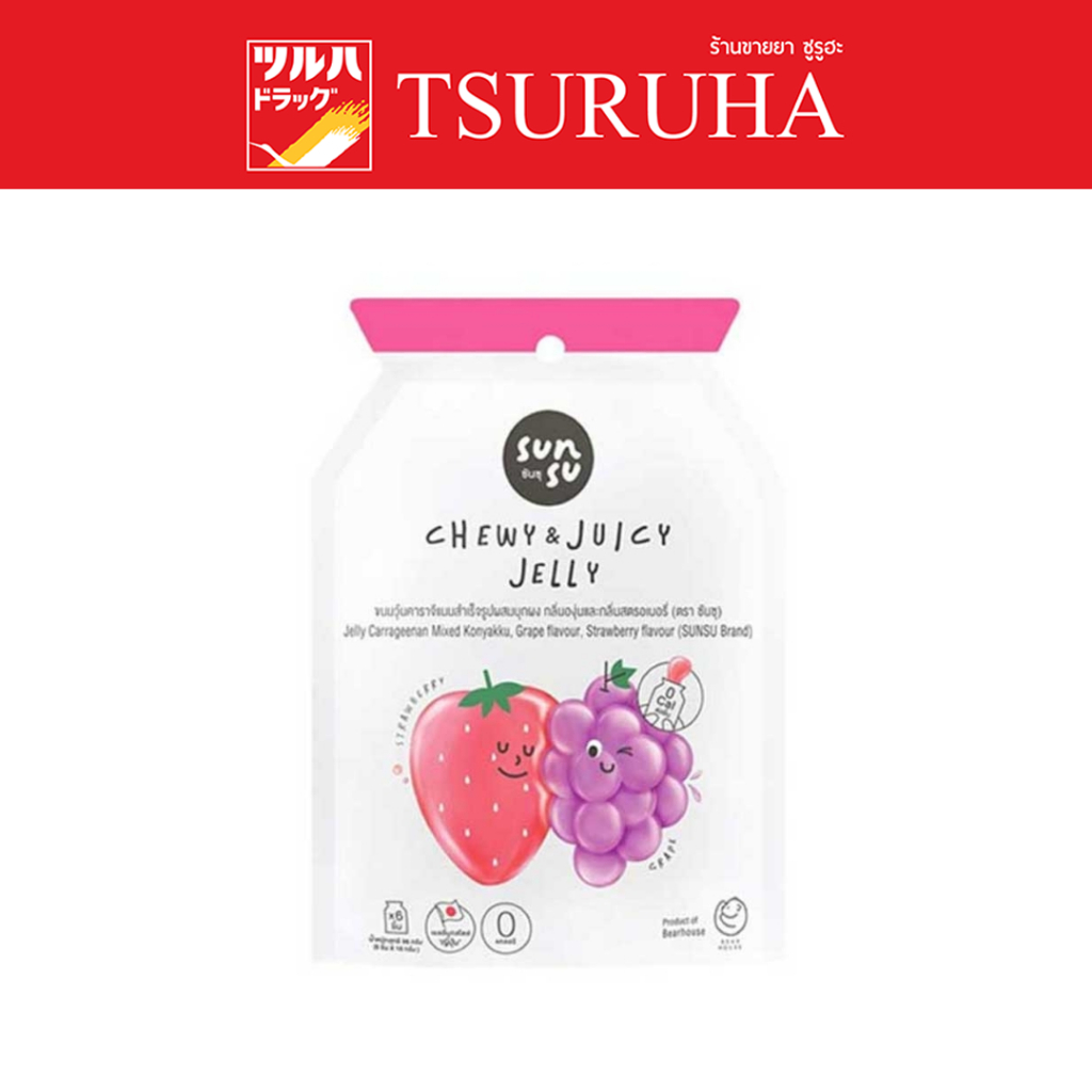 ซันซุ เยลลี่ผสมบุกกลิ่นองุ่น & สตรอว์เบอร์รี่ 96 กรัม (แพ็ก 6 ชิ้น)/SunSu Chewy & Juicy Grape & Strawberry (6pcs)