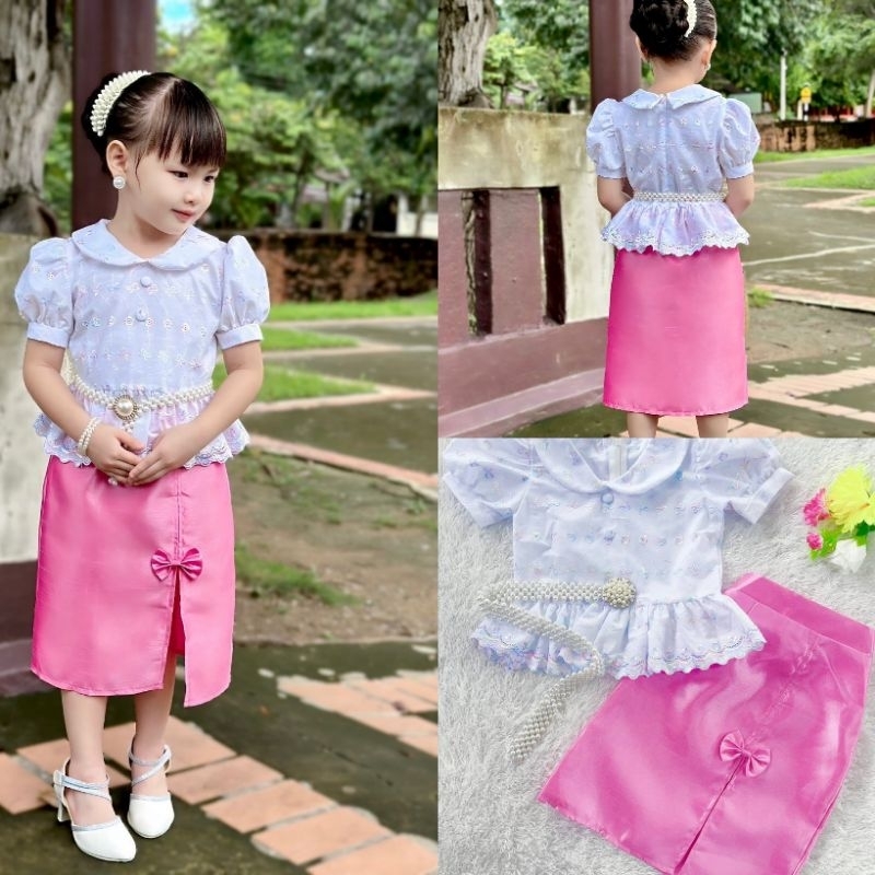 ชุดไทยเสื้อคอตตอลผ้าฉลุกระโปรงผ้าไหม✅พร้อมส่ง(KW)