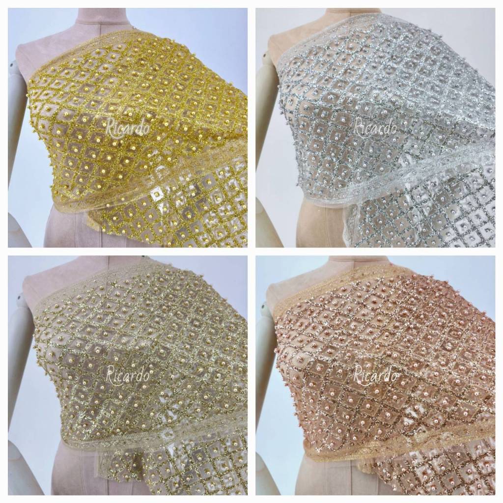 สไบกากเพชร​ ลายเพชรน้ำหนึ่ง ติดมุก​ (หน้ากว้าง 12นิ้ว)( 1ผืน ความยาว 3เมตร)(ผ้ายังไม่ได้เย็บเก็บริม)