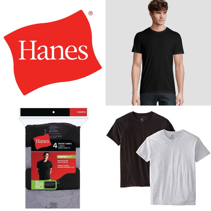 🇺🇸Hanes ของแท้ นำเข้าจากอเมริกา 🇺🇸 เสื้อยืด ผ้าบาง คอวี ไม่มีกระเป๋า ดำ/เทา