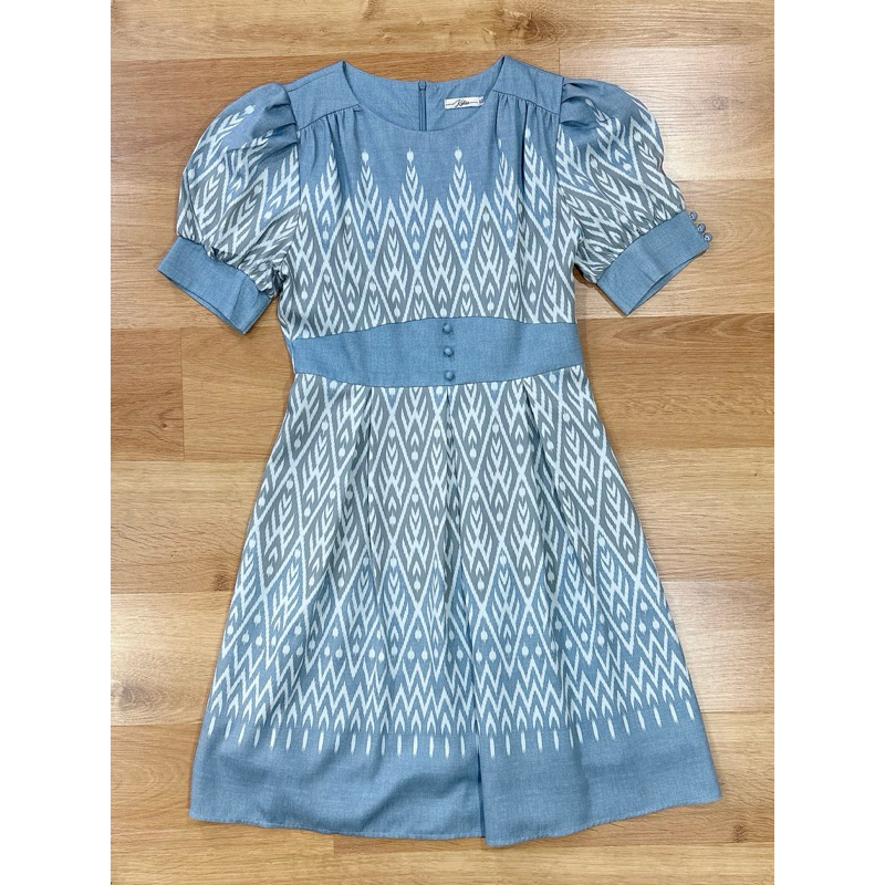ชุดกระโปรง เดรส ผ้าพิมพ์ลายผ้าไทย สีฟ้า cocobrown