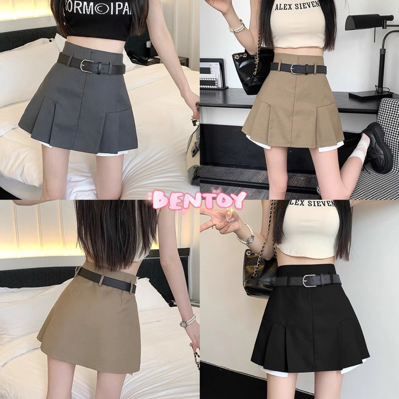 bentoy(8153)กระโปรงทรงเอ เอวสูง แถมเข็มขัด ผ้าสูท ทรงสวยเข้ารูป ใส่สบาย