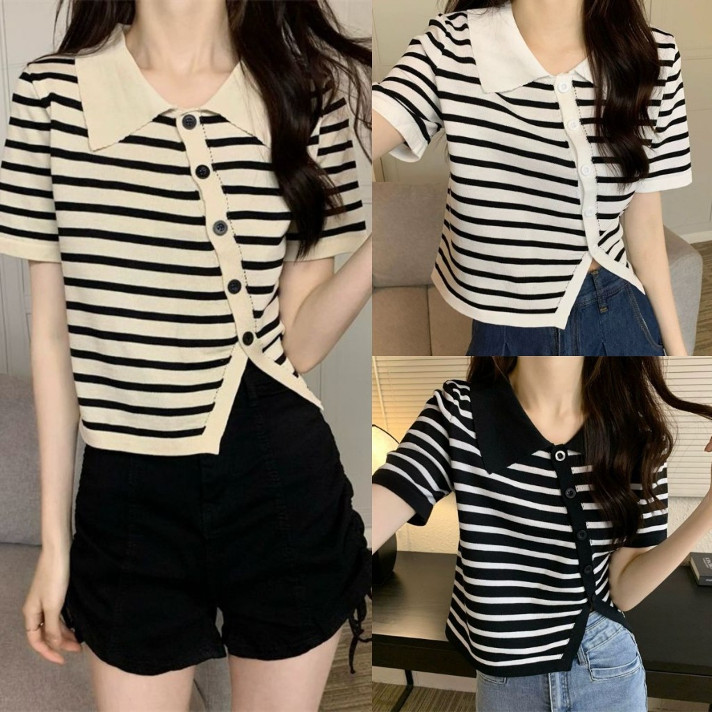 เสื้อยืด เสื้อโปโล ลายทาง สไตล์เกาหลี เนื้อผ้านุ่มลื่นใส่สบาย #150296