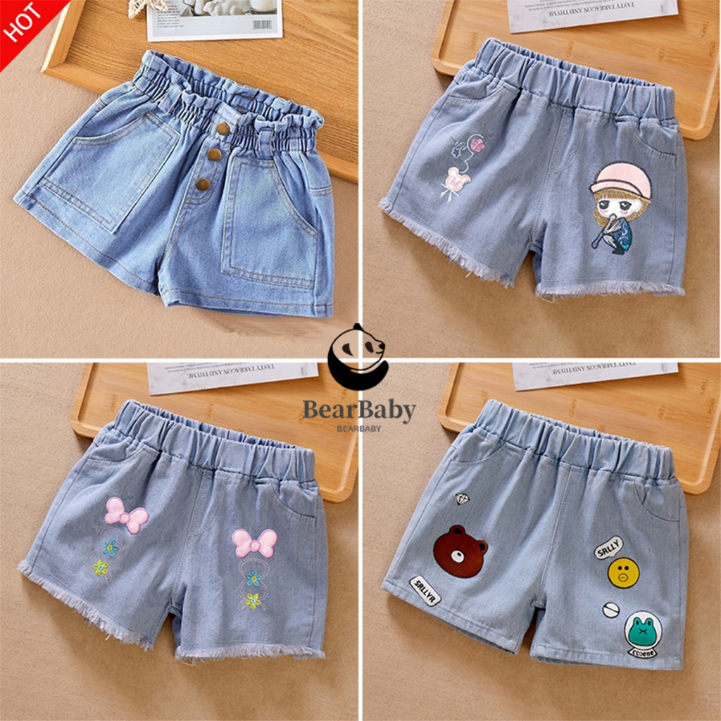 กางเกงยีนส์ขาสั้น สำหรับเด็กหญิง ขนาดกลางและขนาดใหญ่ กางเกงยีนส์เด็ก พร้อมส่งในไทย สกรีนลายการ์ตูน
