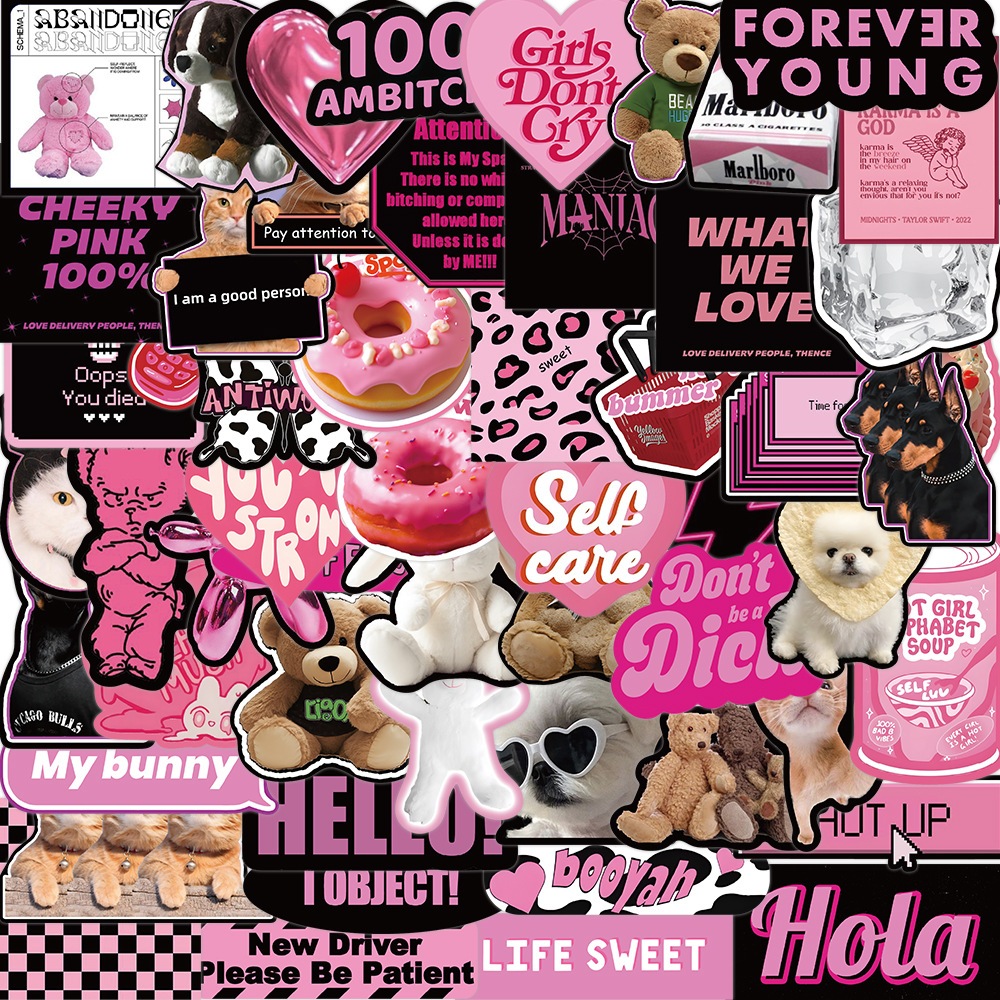 พร้อมส่ง IKEA INS camping vintage bear black pink sticker สติกเกอร์กันน้ำรูปแบบที่แตกต่างกัน 50ชิ้น