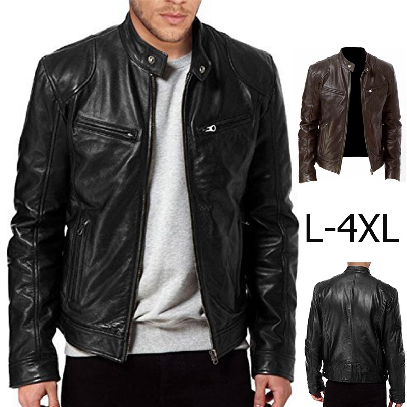 Intelscore เสื้อแจ็คเก็ตหนังวินเทจขนาดใหญ่พร้อมปกตั้งและทรงเข้ารูปสำหรับผู้ชาย มี 2 ​​สี จัดส่งจากไทย