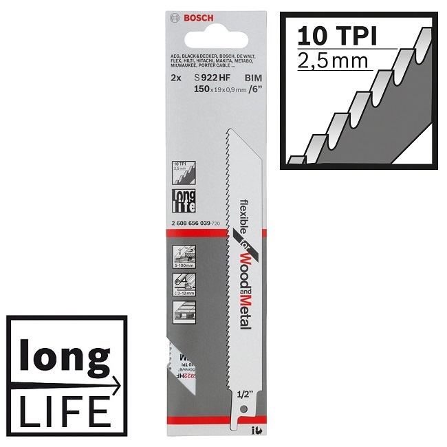 BOSCH ใบเซเบอร์ รุ่น S922HF / 2608656039 ใบตัดโลหะและไม้ ขนาด 150x19x0.9mm. (ขายเป็นแพค แพคละ 2ใบ) ของแท้100%