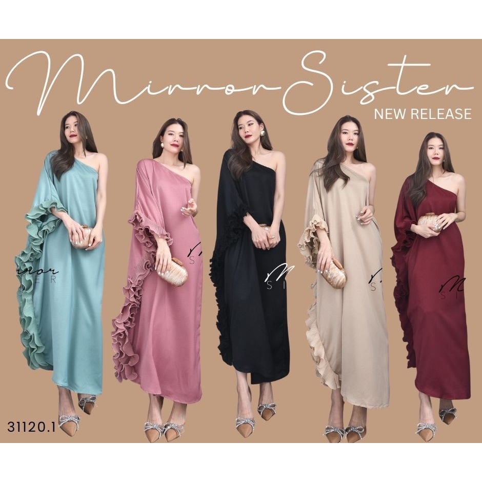 Mirrorsister 31120.1 เดรสไหล่เดียว ทรงใหญ่ ทรงหลวม ใส่ปล่อยๆ ทรงเรียบๆแต่โก้ ด้านข้างแต่งระบายอัดพลีท