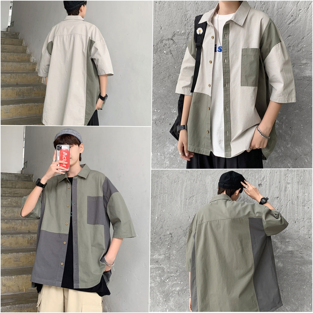 MMAC15 เสื้อเชิ้ตเกาหลีฝุดๆ แฟชั่นผู้ชาย คอปกแขนสั้น ไล่สี L'M men's style ผ้าโพลีเอสเตอร์ M-2XL มี2สี พร้อมส่ง