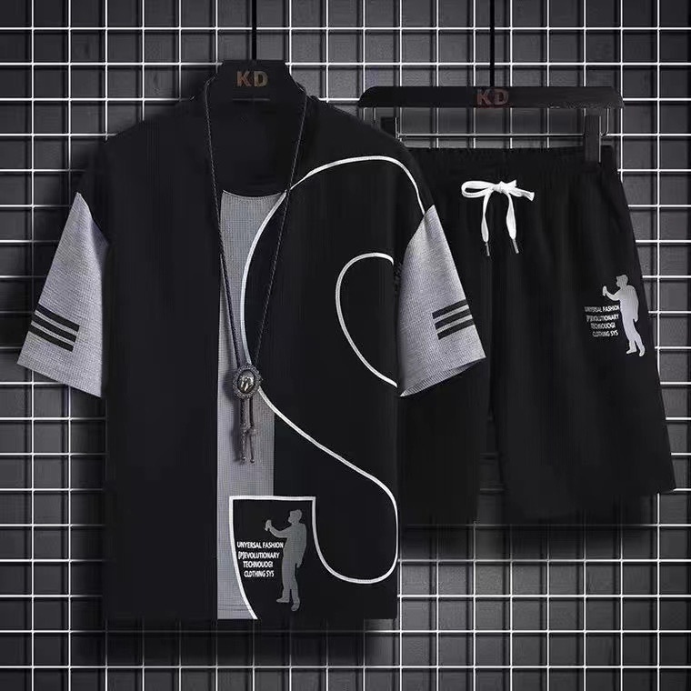 LDF เสื้อชุดผู้ชาย เสื้อผู้ชาย กางเกงขาสั้นผู้ชาย (เสื้อ+กางเกงขาสั้น) ดีไซน์เก๋ ขนาดมาตรฐาน（สีดำ สีขาว สีเทา）TZ10