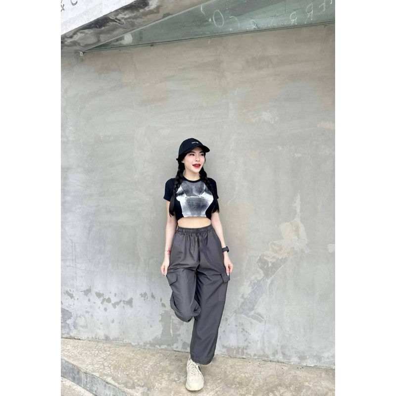 LADY DAKA SHOP เซ็ต2ชิ้น ได้ทั้งชุด เสื้อครอป+กางเกงขาจั้ม