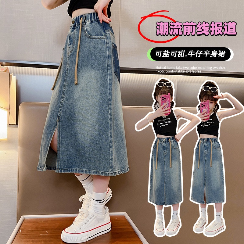 (**พร้อมส่งจากในไทย**) NO.700 กระโปรงยีนส์เด็กทรงยาว เอวเชือกน้ำตาล