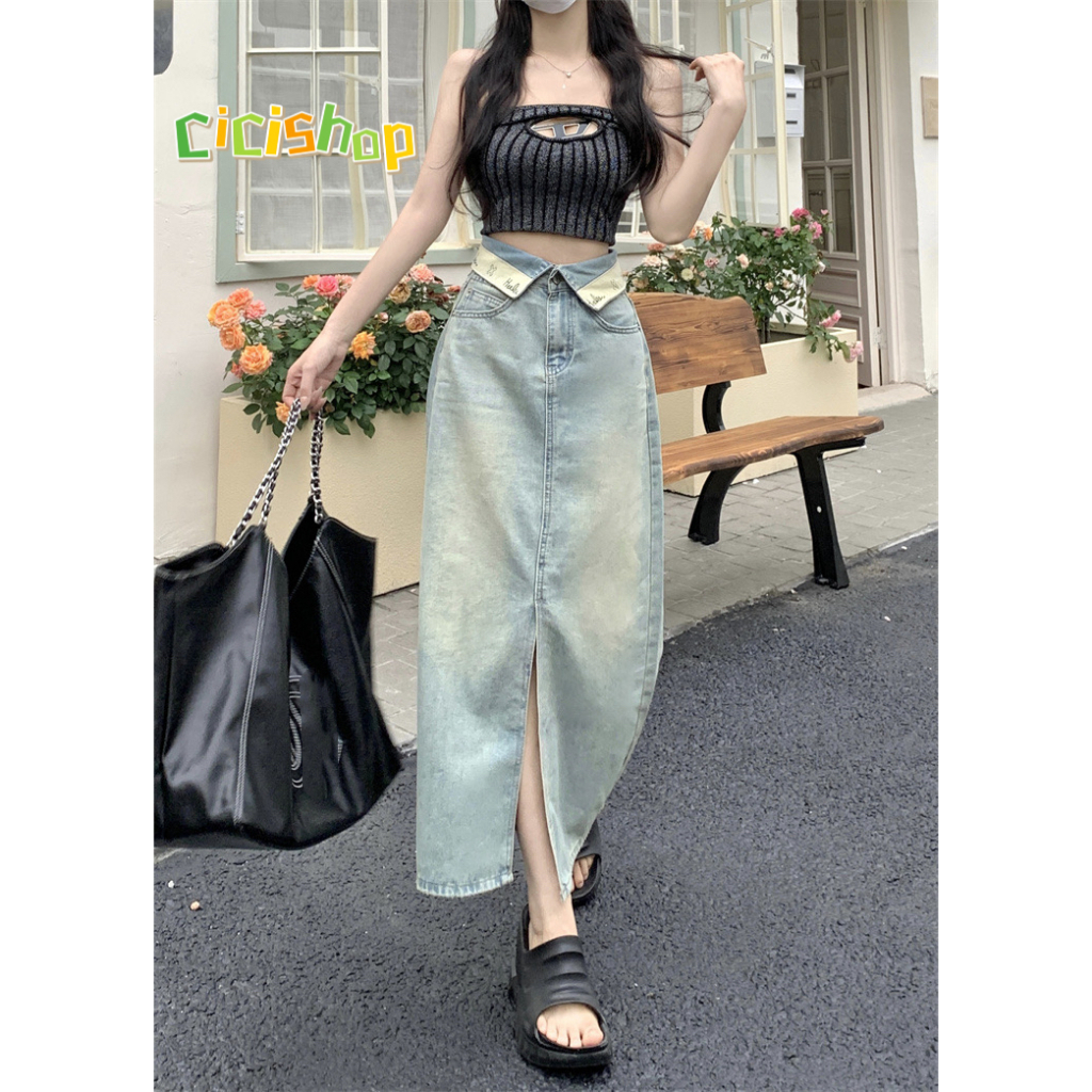 Cicishop(614)กระโปรงยีนส์ยาวทรงตรง เอวพับ ดีเทลผ่าหน้า สไตล์วินเทจ