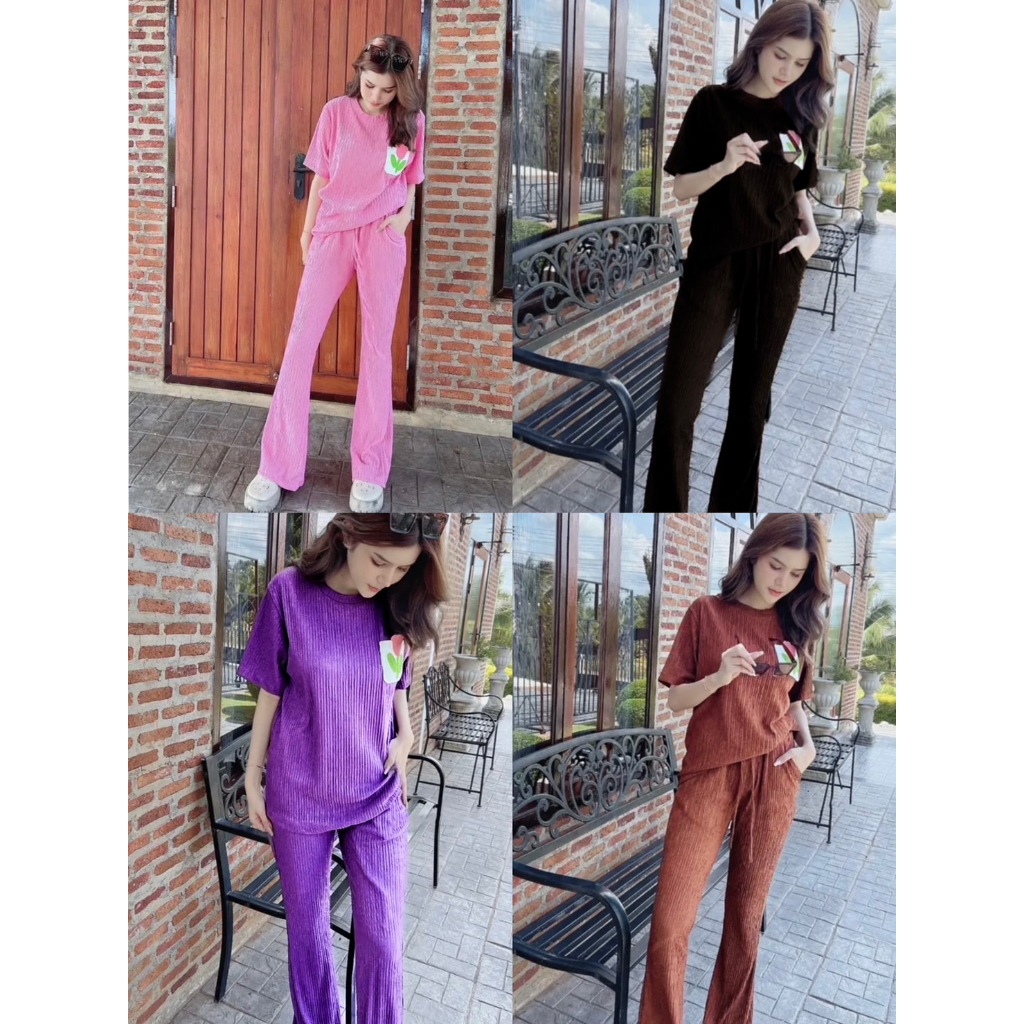 S147 ชุดเซ็ท2ชิ้น ผ้ายับ กระเป๋าเสื้อปักดอกไม้ไหมพรม กางเกงขายาวมีกระเป๋า