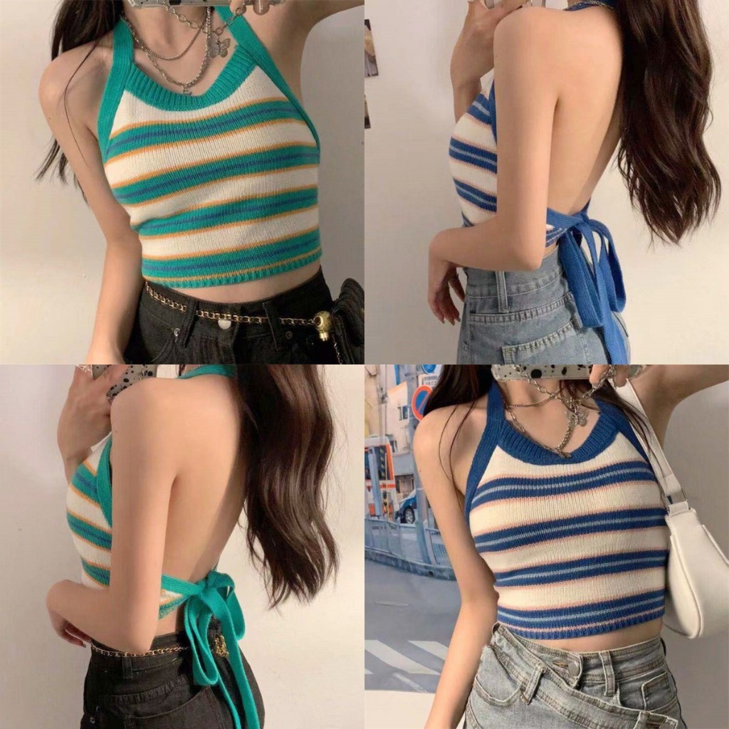 เสื้อคล้องคอไหมพรม เปิดหลัง ลายทางดีเทลผูกหลังน่ารักๆ #1502106