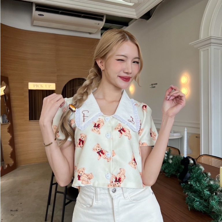 C104 เสื้อครอปคอปปกระบาย Teddy Bear พร้อมส่ง
