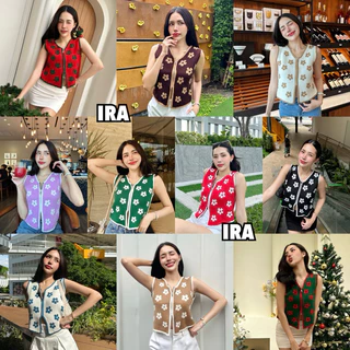 BY IRA Sprinkle Crop Top พร้อมส่ง เสื้อกั๊กซิปไหมพรม ถักลายดอกไม้ คอวี