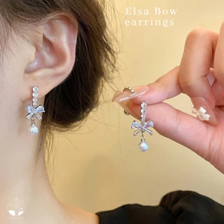 MNL💗ต่างหูแบบแป้น Elsa Bow โบว์เพชรประดับมุก เครื่องประดับผู้หญิง แฟชั่นเงินแท้ ไม่ลอกดำ มินิมอล เกาหลี ของขวัญ วันเกิด