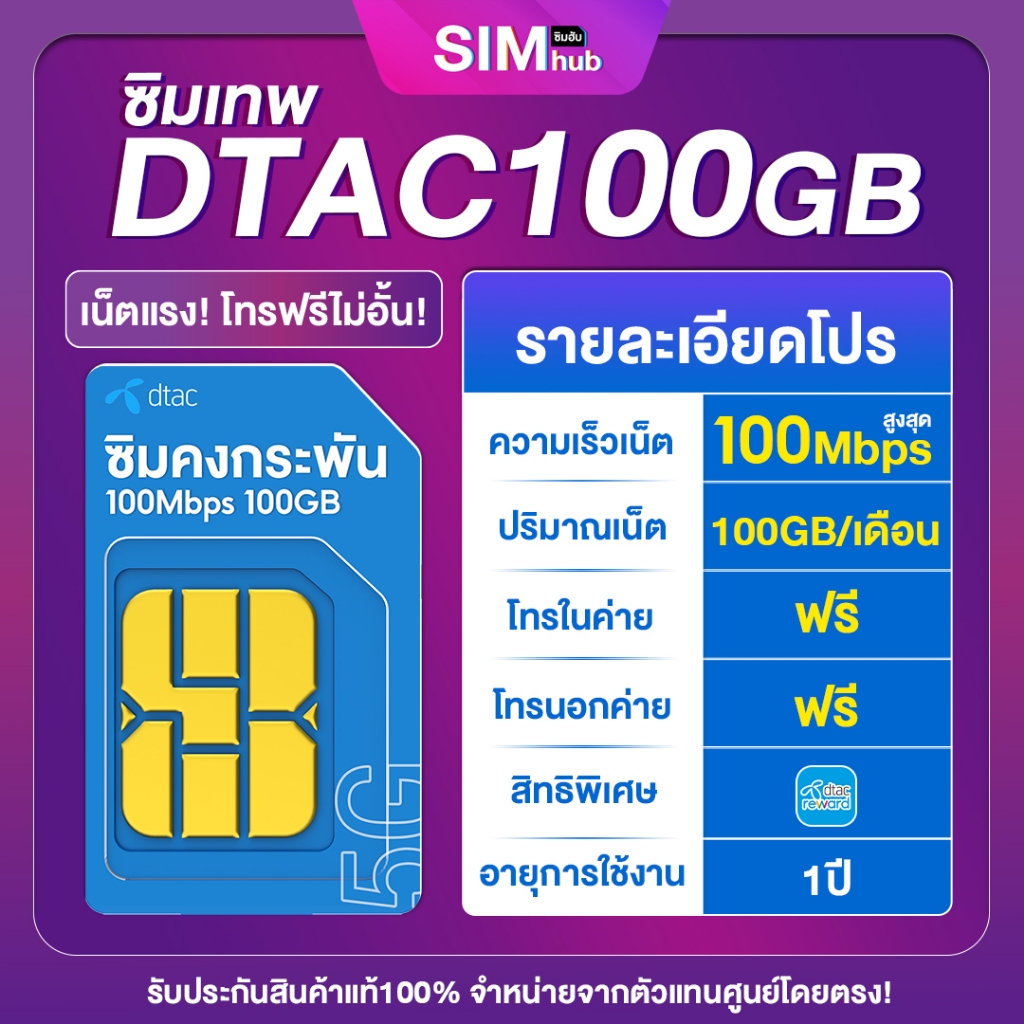 ซิมคงกระพัน DTAC 15Mbps 100GB ซิมเทพ sim ดีแทค ซิมเน็ตรายปี ความเร็วสูงสุด 15Mbps