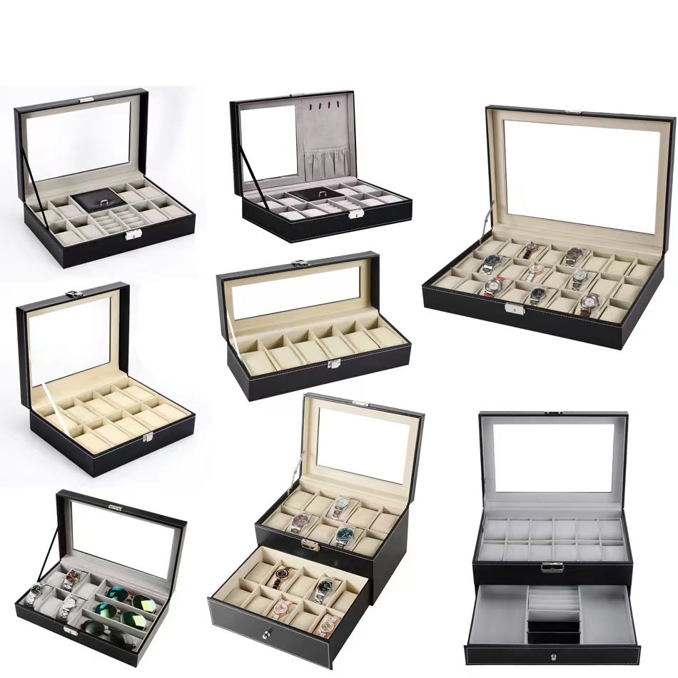 กล่องนาฬิกา 3 6 10 12 20 24 เรือน  PUหนังสีดำคลาสสิก กล่องใส่นาฬิกา Watch Box กล่องของขวัญ