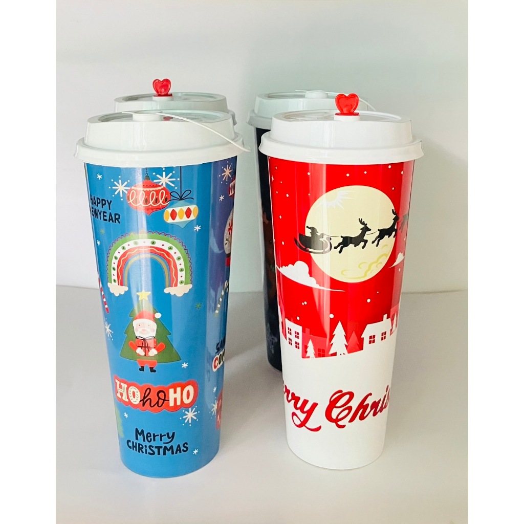 【10ใบ】แก้วพลาสติกPPอย่างหนาลายคริสต์มาส ขนาด 22oz.700ml. และ แก้ว PET 16oz. ปาก98 มีลาย คริสต์มาส และลายปีใหม่
