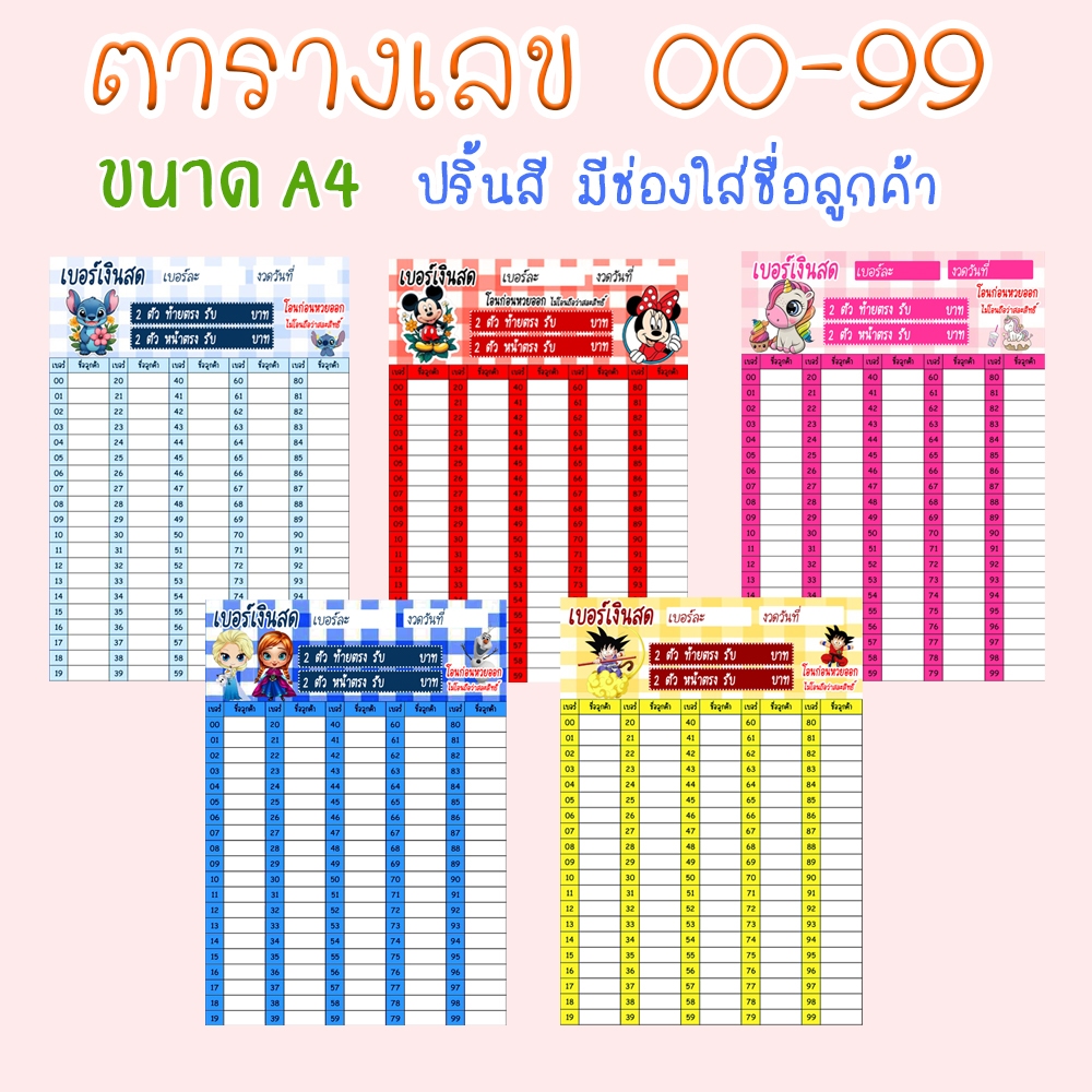 เบอร์เงิน เบอร์เงินหวย เลข 2 ตัว แบบใส่ชื่อ ตารางตัวเลข แผ่นตัวเลข ตารางเบอร์ ตารางหวย ป้ายเบอร์ทอง ขนาดกระดาษ A4