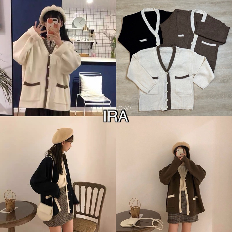 BY IRA Lula Cardigan เสื้อกันหนาวไหมพรม เสื้อสเวตเตอร์ถักคาร์ดิแกนแขนยาวสีตัดกันสไตล์เกาหลี มีกระเป๋าด้านหน้า