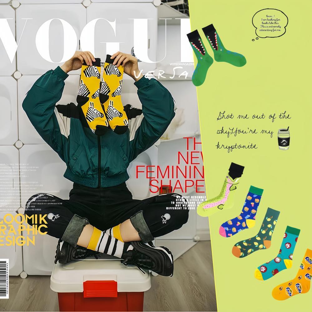 ถุงเท้าลายสัตว์สีสันสดใส ลายม้าลาย ถุงเท้าแฟชั่นFrench couple socks retro art socks cotton sports stockings