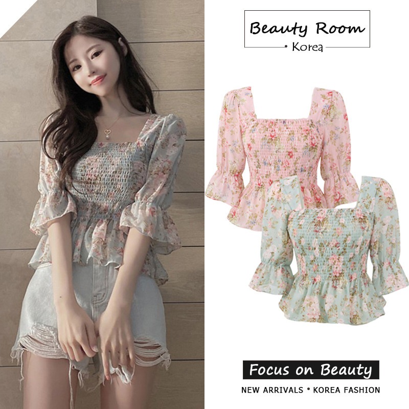 ( 2345 ) เสื้อเบลาส์ คอเหลี่ยม (มีไซส์ให้เลือก) ผ้าชีฟอง ลายดอกไม้สีหวาน ดีไซน์น่ารัก เสื้อผ้าผู้หญิงสไตล์เกาหลี