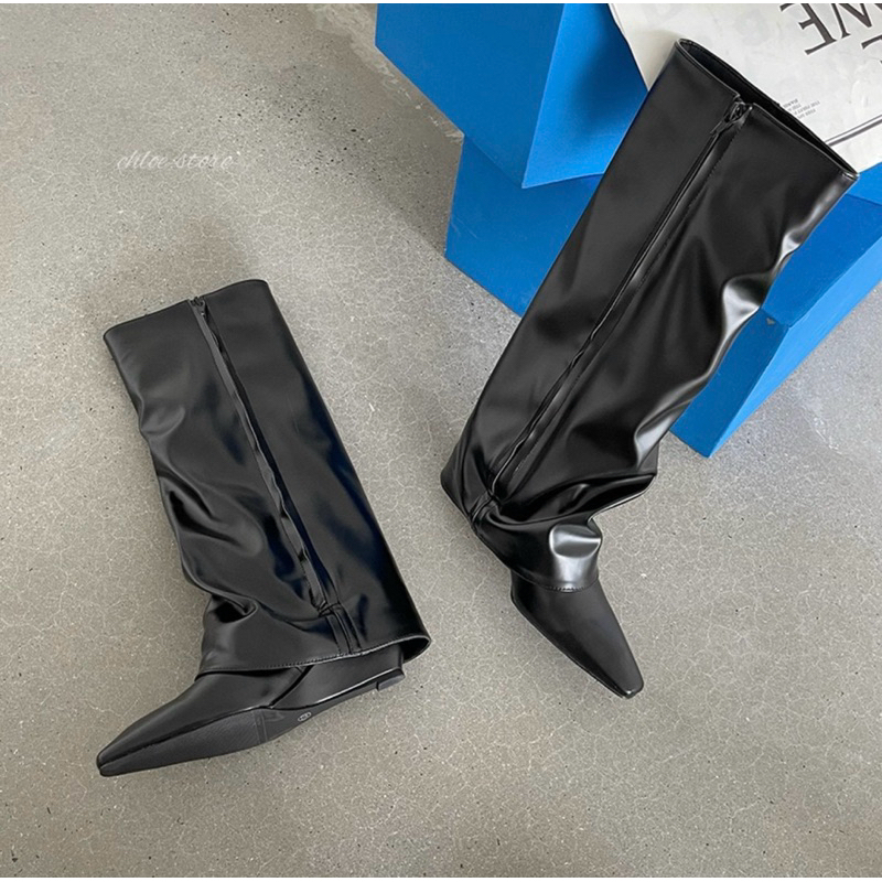 chloe.store 🍂พร้อมส่ง 36-40 🍂 รองเท้าบูทยาวสีดำสไตล์เกาหลี