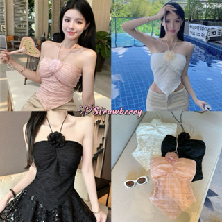 STR🌶️พร้อมส่ง🌶️เสื้อเกาะอกไหมพรม ผูกคล้อง แถมเข็มกัดดอกไม้ ส…