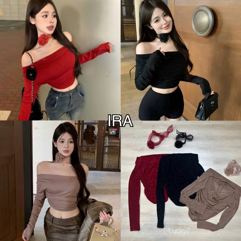 BY IRA เสื้อแขนยาว เปิดไหล่ ทรงสลิมฟิต ลายดอกไม้ เซ็กซี่ผ้ากริสเตอร์เล่นแสงสวยมากกก ได้โชคเกอร์กุกลาบด้วย