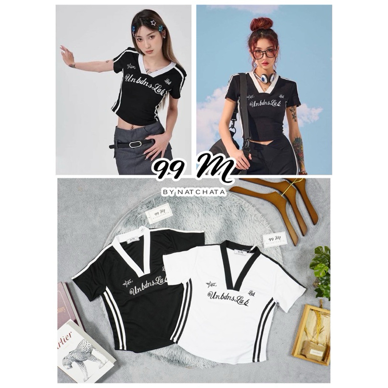 เสื้อครอปแขนสั้นคอวี เสื้อบอล แนวสปอร์ต แต่งแทบด้านข้าง
