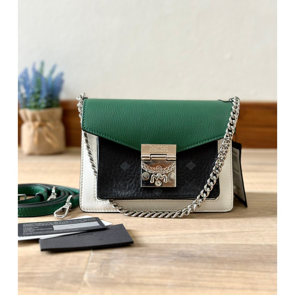 📌Isa Lovely Shop📌 ⚠️มีตำหนิ⚠️  MCM Mini Patricia Crossbody in Color Block Leather  color: Black / Eden