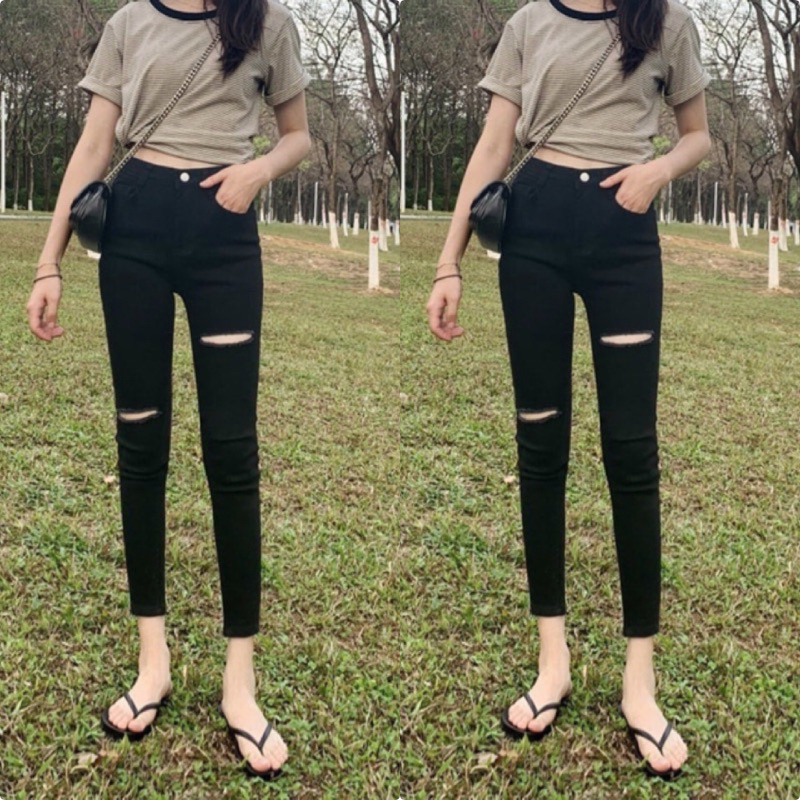 กางเกงยีนส์ขาเดฟ ขาดเข่าสูง-ต่ำ สีดำสนิท ผ้ายืด ใส่สบาย